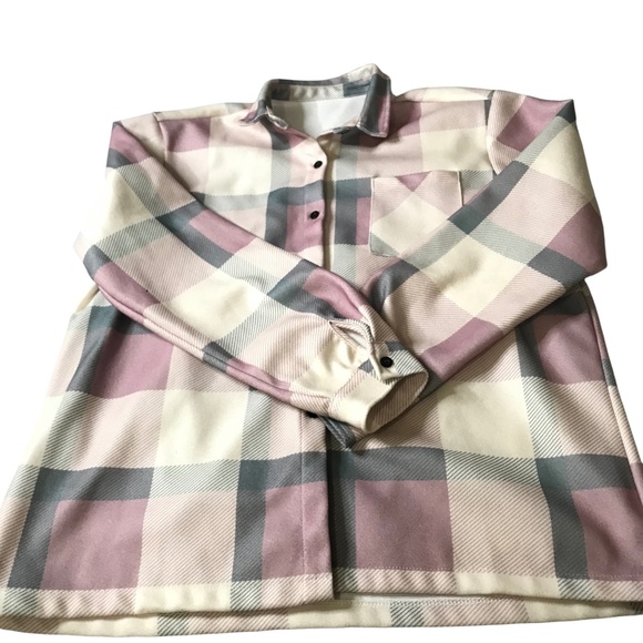 Plaid Shacket Jacket Shirt Pink Gray Cream Button Front Overshirt XXL - Picture 3 of 10